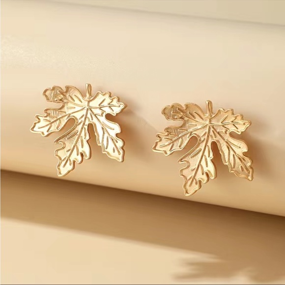 Gold Autumn Leaf Earrings - Picture 2 of 6